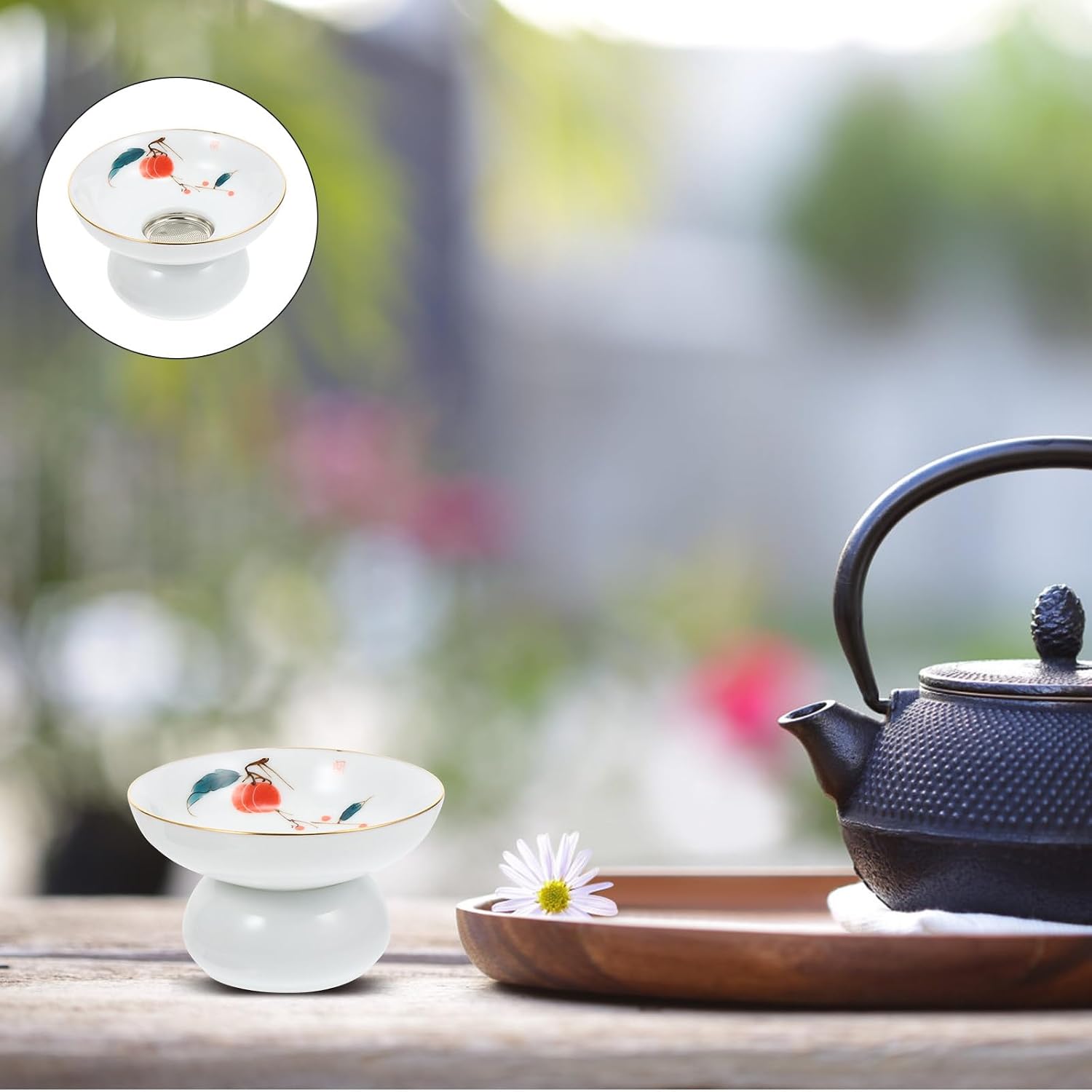 Ceramic Tea Strainer and Reusable Tea Infuser Hand-painted with Litchi Pattern for Fine Mesh Filter Kitchen Accessory