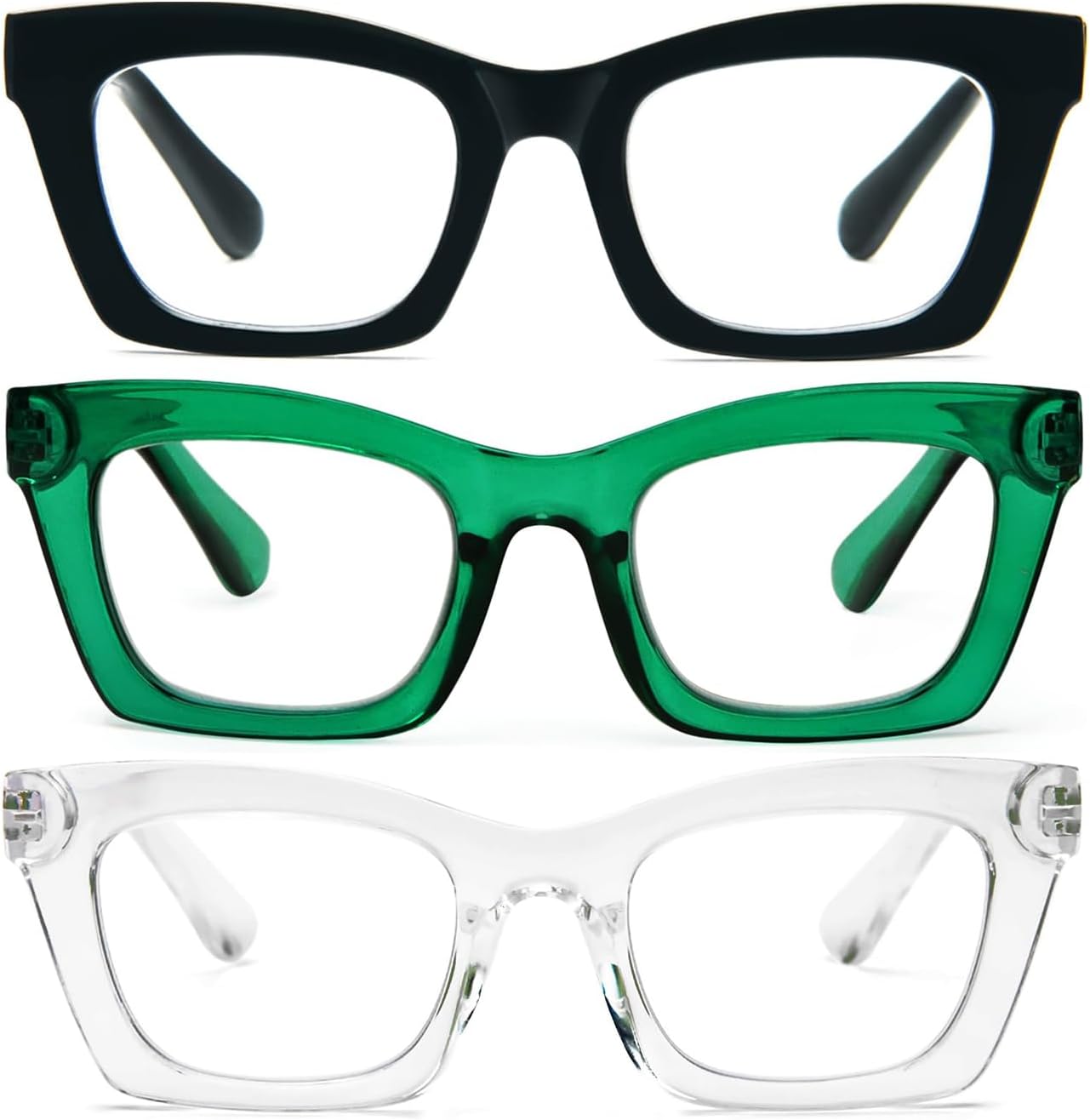 3 Pack Blue Light Blocking Reading Glasses, Thick Frame Fashion Readers