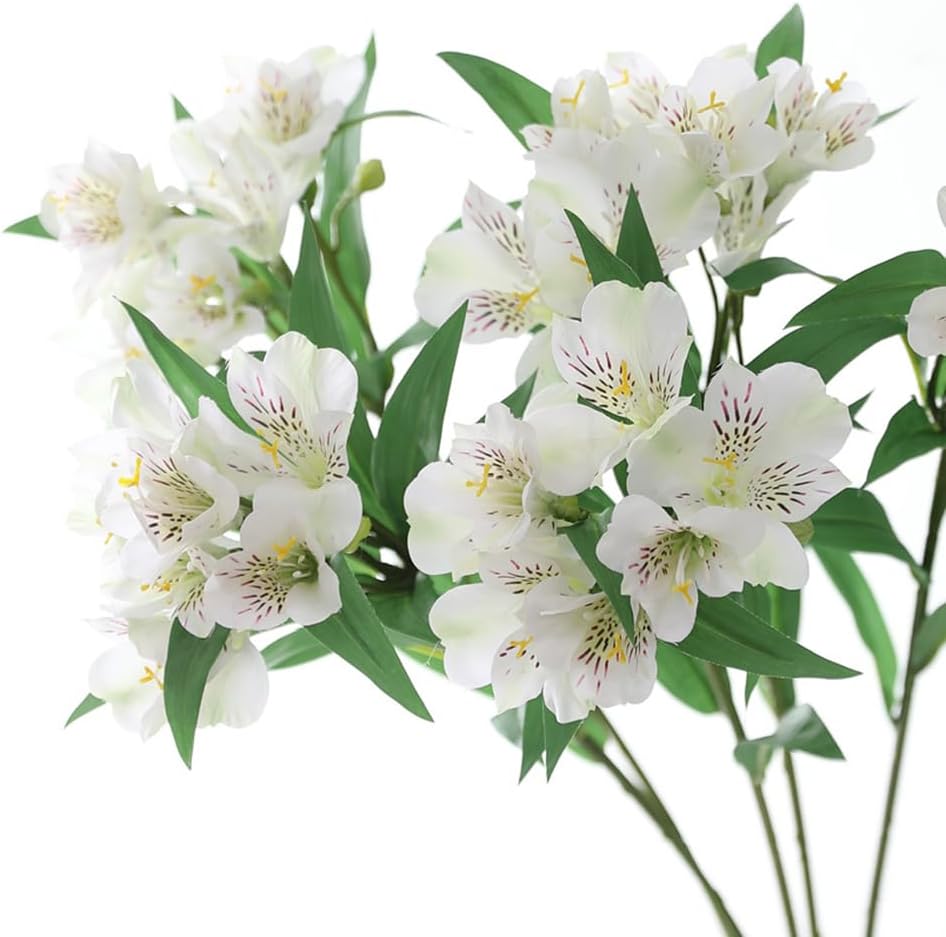 3Pcs Artificial Peruvian Lily Flowers Branches 30.7In Fake Silk Azalea Long Stem Alstroemeria Flower for Wedding Home Party Decoration (White)
