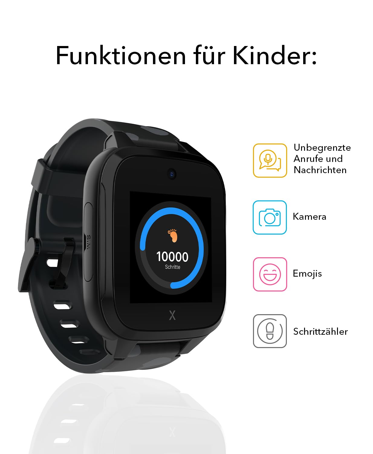 XPLORA XGO 3 wasserdichte Kinder Telefon Uhr 4G Anrufe Nachrichten Schulmodus SOS GPS Kamera Schrittzähler 2 Jahre Garantie SCHWARZ