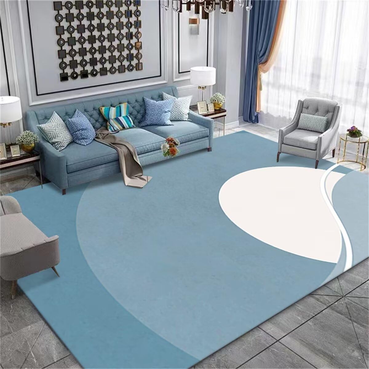 Tapis lavable en machine bleu azur antidérapant et antistatique pour séjour