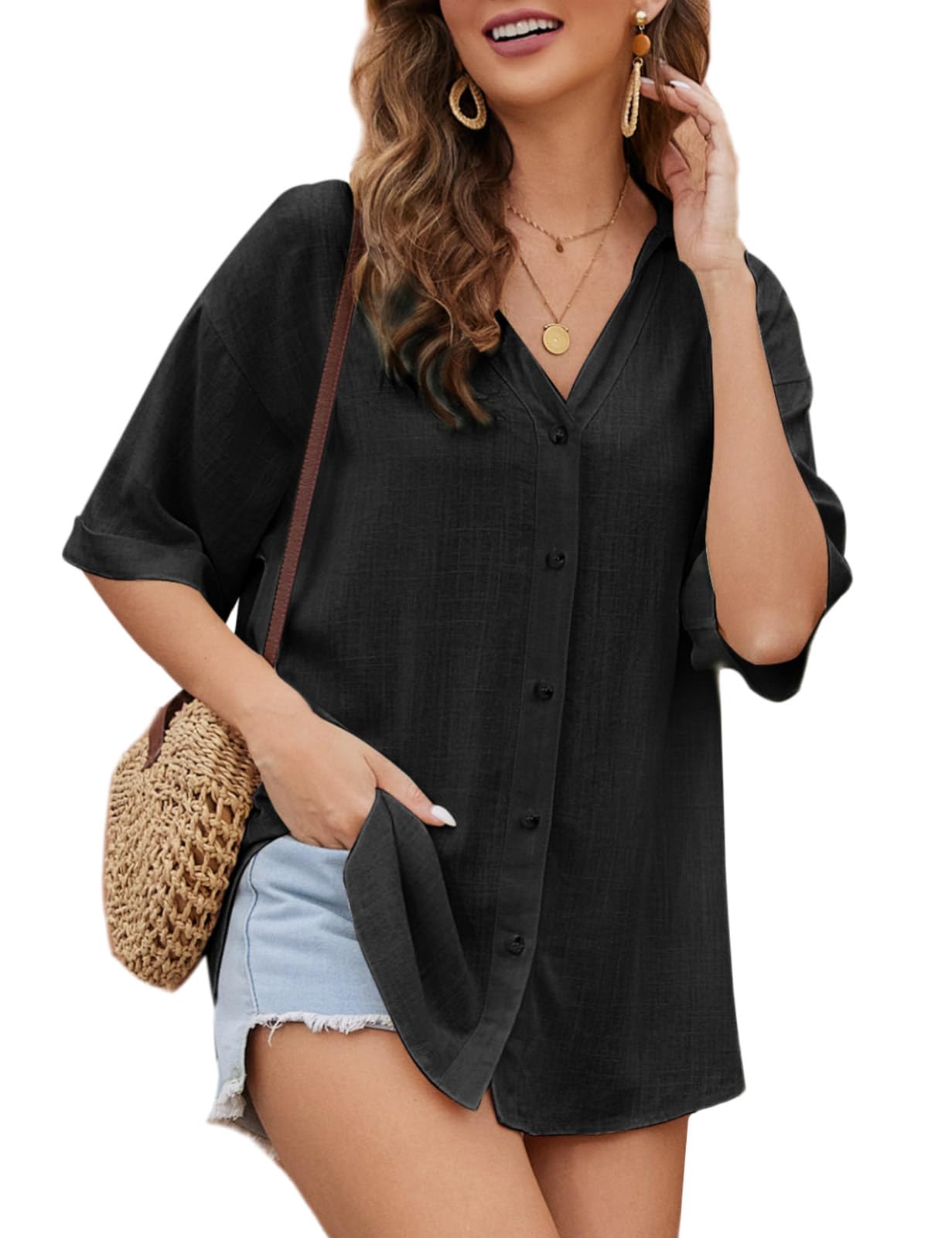 PASUDA Blusas de Mujer Elegante Camiseta Manga Corta con Cuello en V Verano Casual Camisa de Lino con Botón Suelta Blusa Shirts Tops