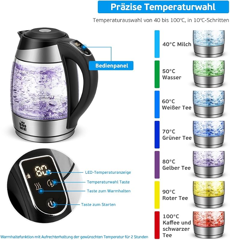 FOR ME 1,8L Üveg Elektromos Vízforraló Hőmérséklet Szabályozással 40-100°C, 7 Színű LED Világítással, Melegen Tartó Funkcióval, BPA-mentes