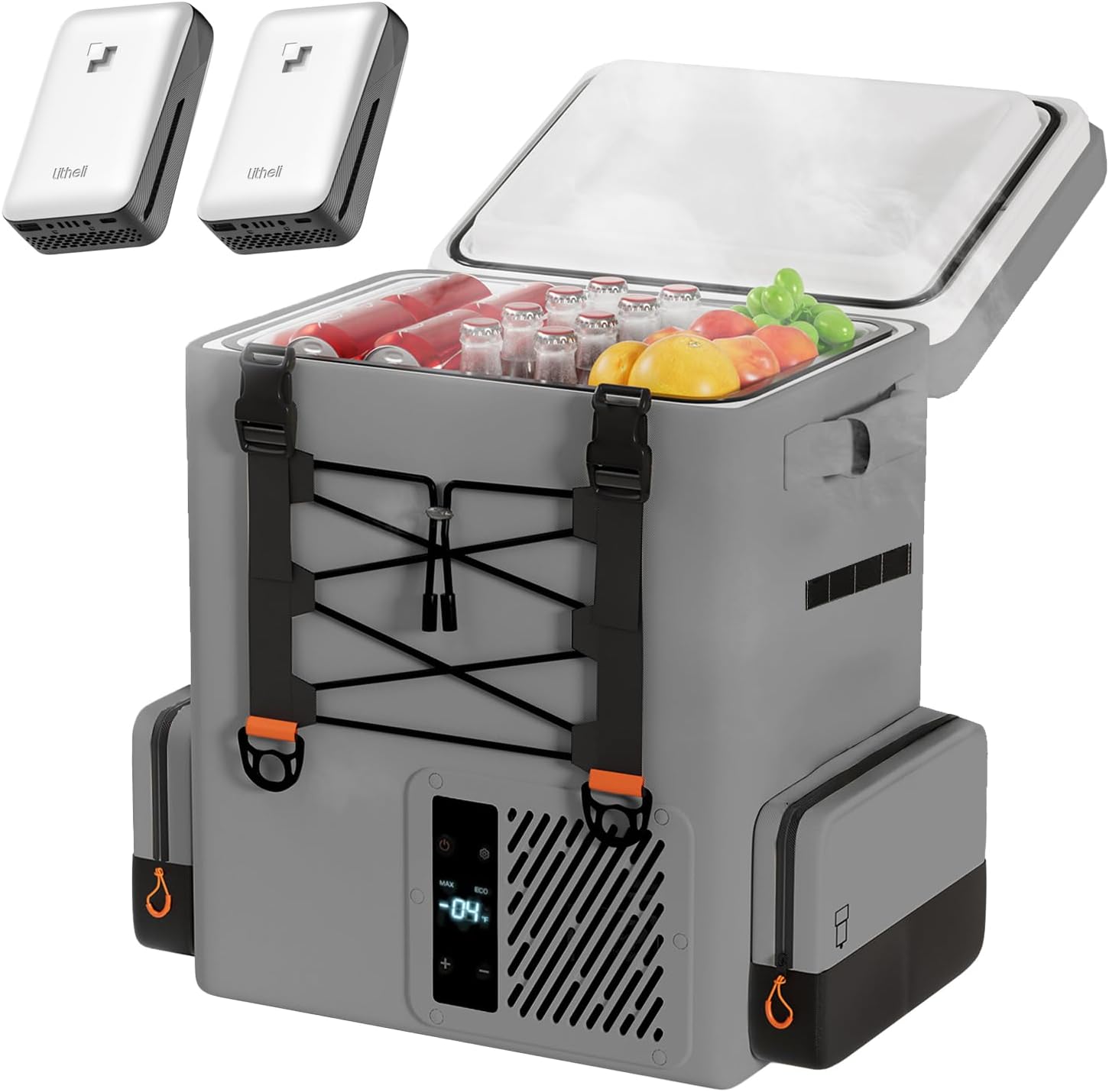 LiTHELi 12V Car Refrigerator & Electric Cooler, 21QT/20L Portable Car Fridge (-4-68F), Battery Powered Compressor Cooler for Camping, Road Trips, RV, Ebike with Super Battery (Grey, with 2 Battery)