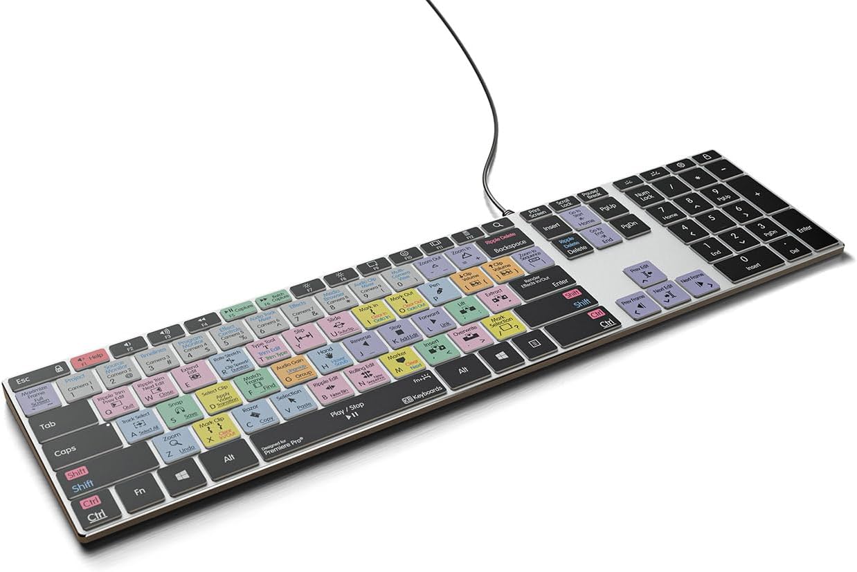 KB Covers Backlit Aluminum Keyboard, Shortcut Layout Compatible with Adobe Premiere Pro, Wired USB-C, for Windows PC & Laptop – 150+ Color-Coded Keys, US Layout