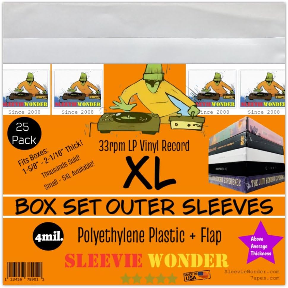 Sleevie Wonder XL Box Set Sleeves (25) + Flap 4mil Thick Strong USA Polyethylene Plastic for 33rpm LP Vinyl Record Album Boxset (+1 Free Dj Sticker), Clear