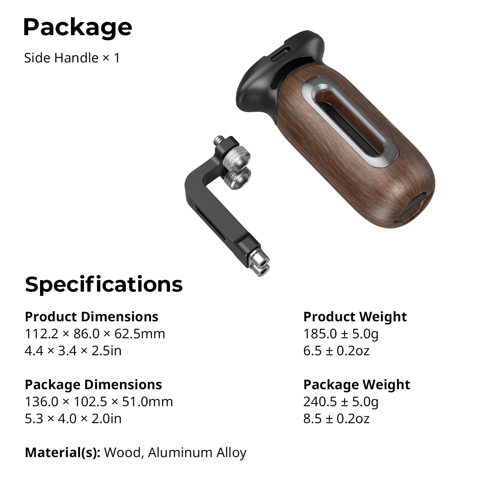 SMALLRIG Maniglia laterale in legno per gabbie per fotocamere con fori filettati da 1/4"-20, Regolazione verticale di 28 mm / 1,1 pollici, capacità di carico di 15 kg / 33,1 libbre - 5237