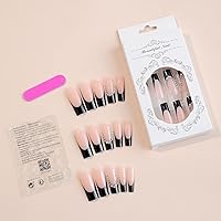 Vista 3 de Black French Tip Square False Nails, 24 Pcs Reusable Nails with 3D Rhinestone Design, Glossy Glue on Nails for Women Girls