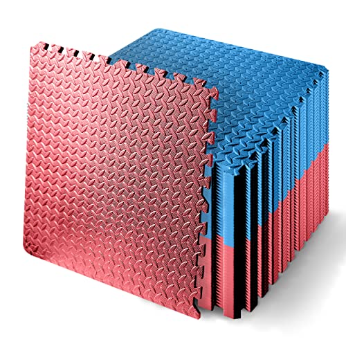 Thick Puzzle Exercise Mat, 50 Pcs EVA Foam Interlocking Tiles Protective Flooring for Gym Equipment and Cushion for Workouts, Durable Non-Skid Texture, Easy to Assemble, Red and Blue