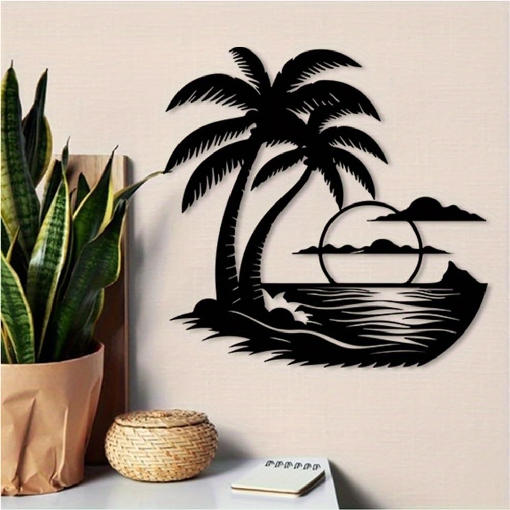 Decoración de pared abstracta contemporánea de metal con palmera marina y amanecer - Resistente a la intemperie para interiores y exteriores, ideal para patio, oficina, Navidad y paisajes de play