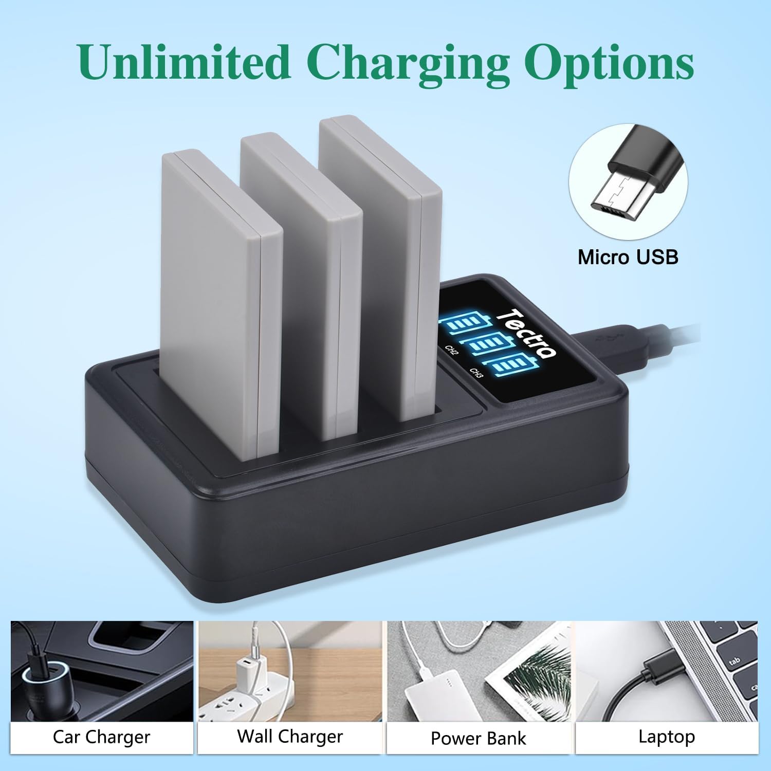 Tectra 3X EN-EL5 ENEL5 Batteries + LED 3-Slots Charger for Nikon Coolpix P530, P510, P500, P520, P3, P4, P90, P80, P100, P5000, P6000, S10, 3700, 4200, 5200, 5900, 7900 Cameras