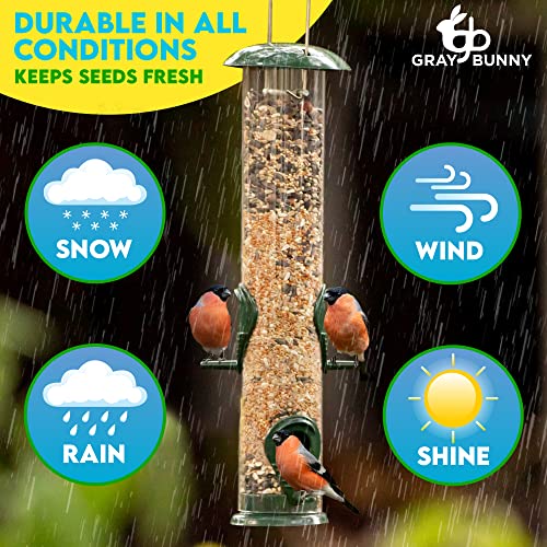 Gray Bunny Metal Bird Feeders For Outdoors Hanging, 4-Port, Premium Grade Metal Tube Bird Feeder, Chew-Proof And Rust-Proof, 15 Inches #TOP3