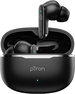 pTron Bassbuds Eon in-Ear TWS Earbuds w/ 13mm Drivers, 45Hrs Playtime, Dual HD Mic & TruTalk AI-ENC Calls, Custom EQ,Mobile App, Bluetooth v6.0 Headphones,Voice Assist., Type C Charging & IPX5 (Black)