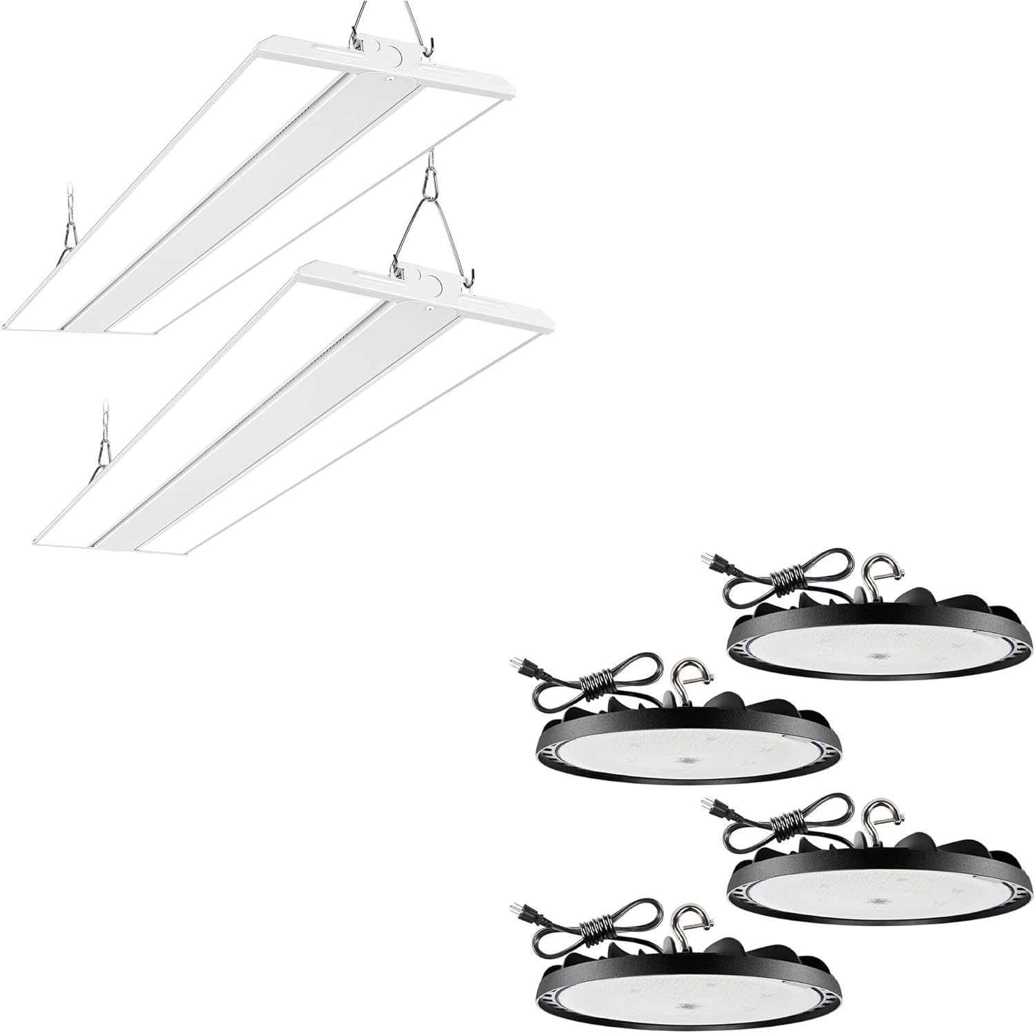 2 Pack 4FT 250W LED Linear High Bay Shop Light+ 4 Pack 150W UFO LED High Bay Light