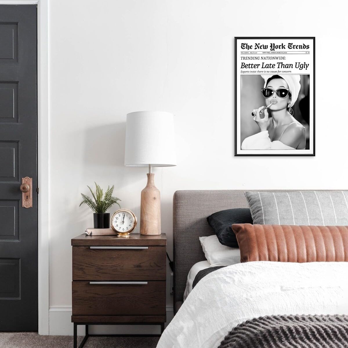 New York Trends Wall Art Black and White Newspaper Better Late Than Ugly Poster Canvas Prints Funky Feminist Posters Trendy College Wall Decor for Bar Cart Girl Dorm Room Bathroom Decorative 24x36inch black framed