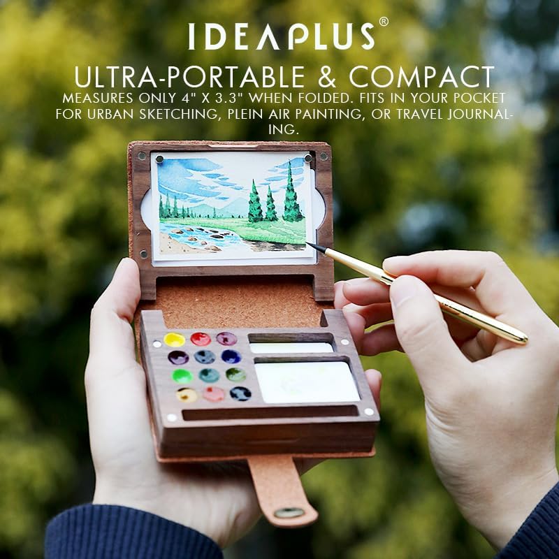 IDEAPLUS Walnut Wood Watercolor Palette Set with Leather Cover, 12-Well Mini Travel Paint Kit, Includes Collapsible Brass Brush, Spray Bottle & Sponge, Portable Art Sketching Box for Artists, Gifts