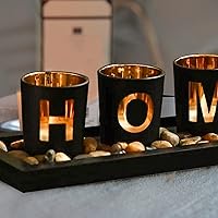 Vista 4 de MrMrKura Juego de Portavelas Decorativos para el Hogar, 4 Portavelas de Vidrio para Velas de Té con Bandeja de Portavelas de Madera, Piedras