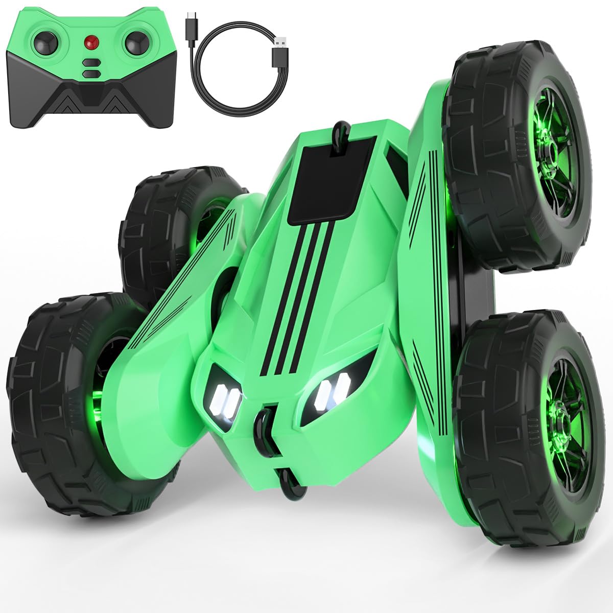 Ferngesteuertes Auto, Direktladung Exklusiv Dual-USB-C-Ladung mit LED Einstellbar, 2,4G 360° Stunt Flips & Kippschutz RC Kinderspielzeug 15km/h 4WD für Kinder 3-12 Jahre Weihnachten Feiertagsgeschenk