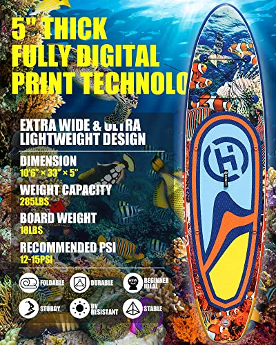 Highpi Inflatable Stand Up Paddle Boards, 10'6''X33''X5'' Sup With Accessories Backpack Anti-Slip Deck, Leash, Adjustable Paddle And Hand Pump, Waterproof Bag, Standing Boat For Youth & Adult #TOP1