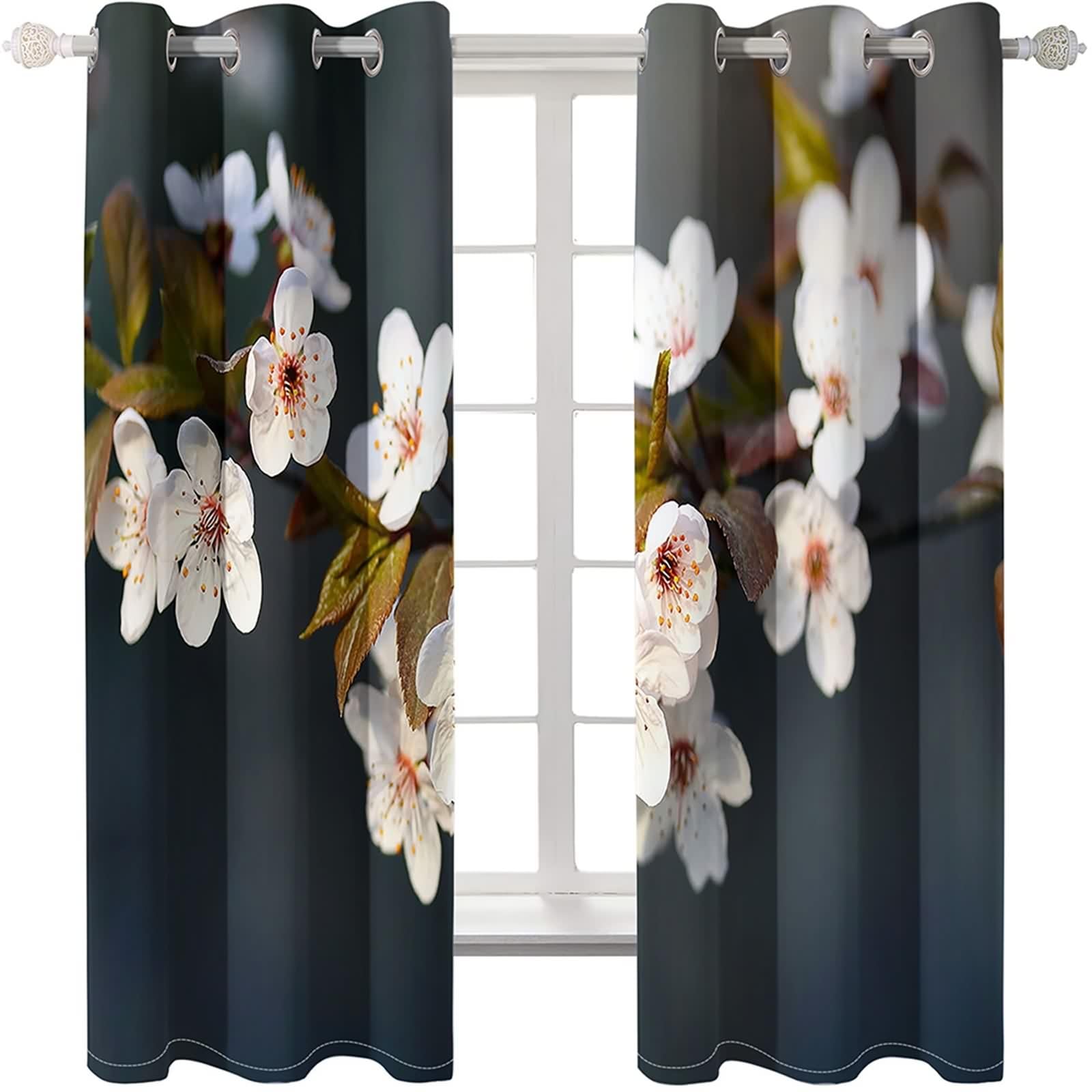 Vorhänge Elegant, Gardinen Landhausstil Weiß Grün Polyester Weiße Blumen Vorhänge 2er Set B 102 x H 138 cm