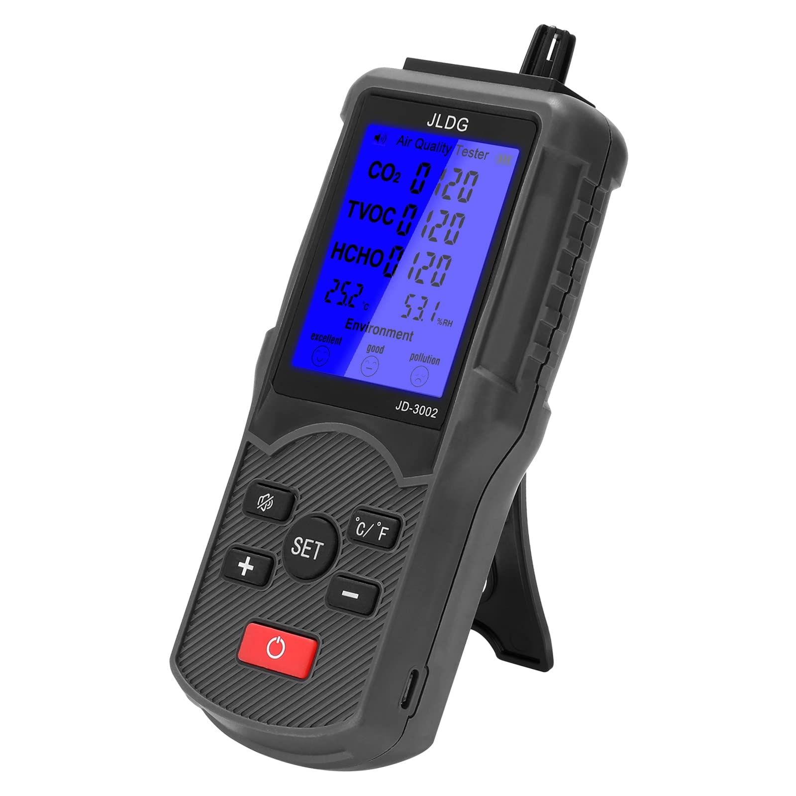Hancaner Medidor de co2 Homologado 5 en 1 Medidor de Calidad del Aire TVOC HCHO Temperatura y Humedad Detector de CO2 con Pantalla LCD + 1 * 1800 mAh Batería de Litio + Cable USB +Caja de Embalaje