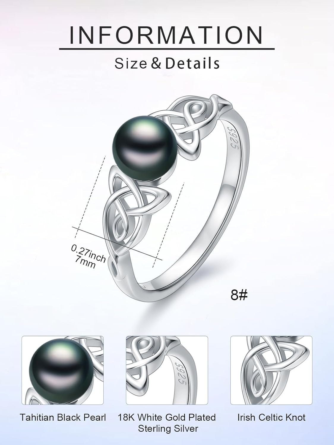 Tahitian Black Pearl AAAA 18K White Gold Plated Sterling Silver Rings for Women Wife Mom Girlfriend Valentine Her Jewelry Gift for Christmas Wedding Anniversary Birthday Graduation - Image 6