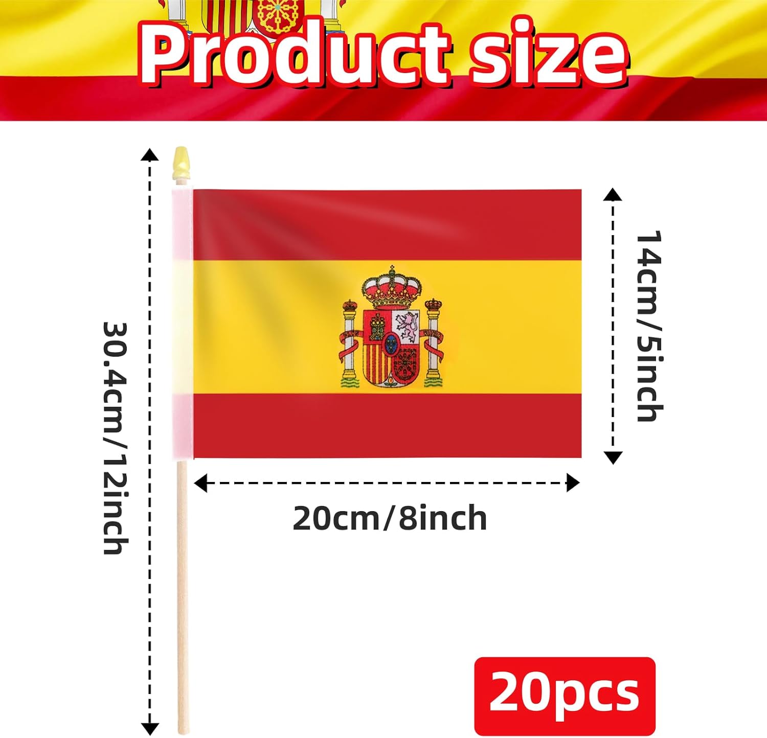 Pack of 20, Handheld Spain Flags 5x8 Inch – Small Spanish Flags on Wooden Sticks with Gold Spear Top, Mini Spain Country Flags for Parades, National Day, Festivals, and Hispanic Heritage Decorations - Image 2