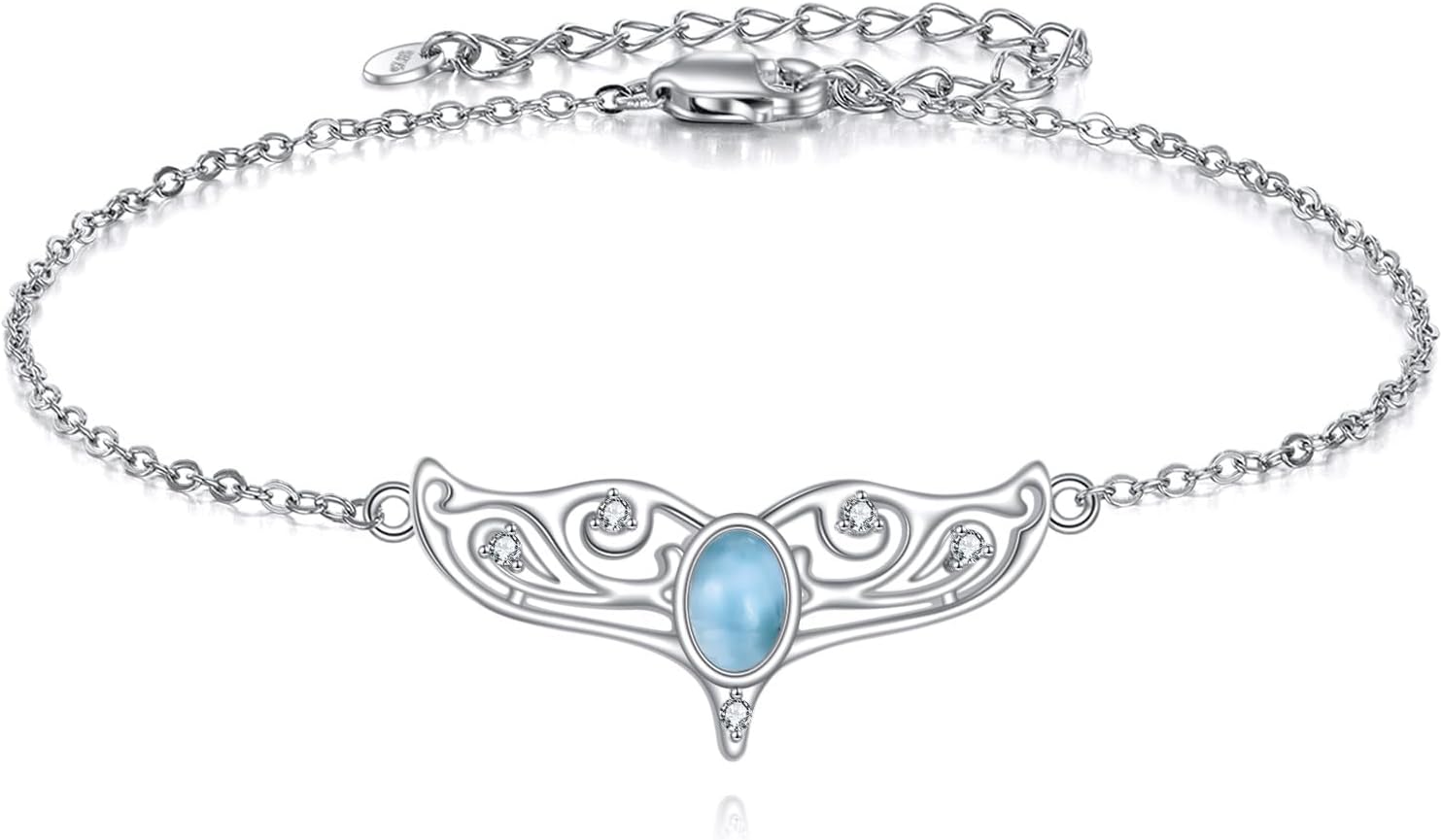 Larimar Bracelet Dainty Whale Tail Blue Bracelet 925 Sterling Silver Whale Tail Ocean Birthday Christmas Gifts Larimar Jewelry for Women Adjustable 7+2"