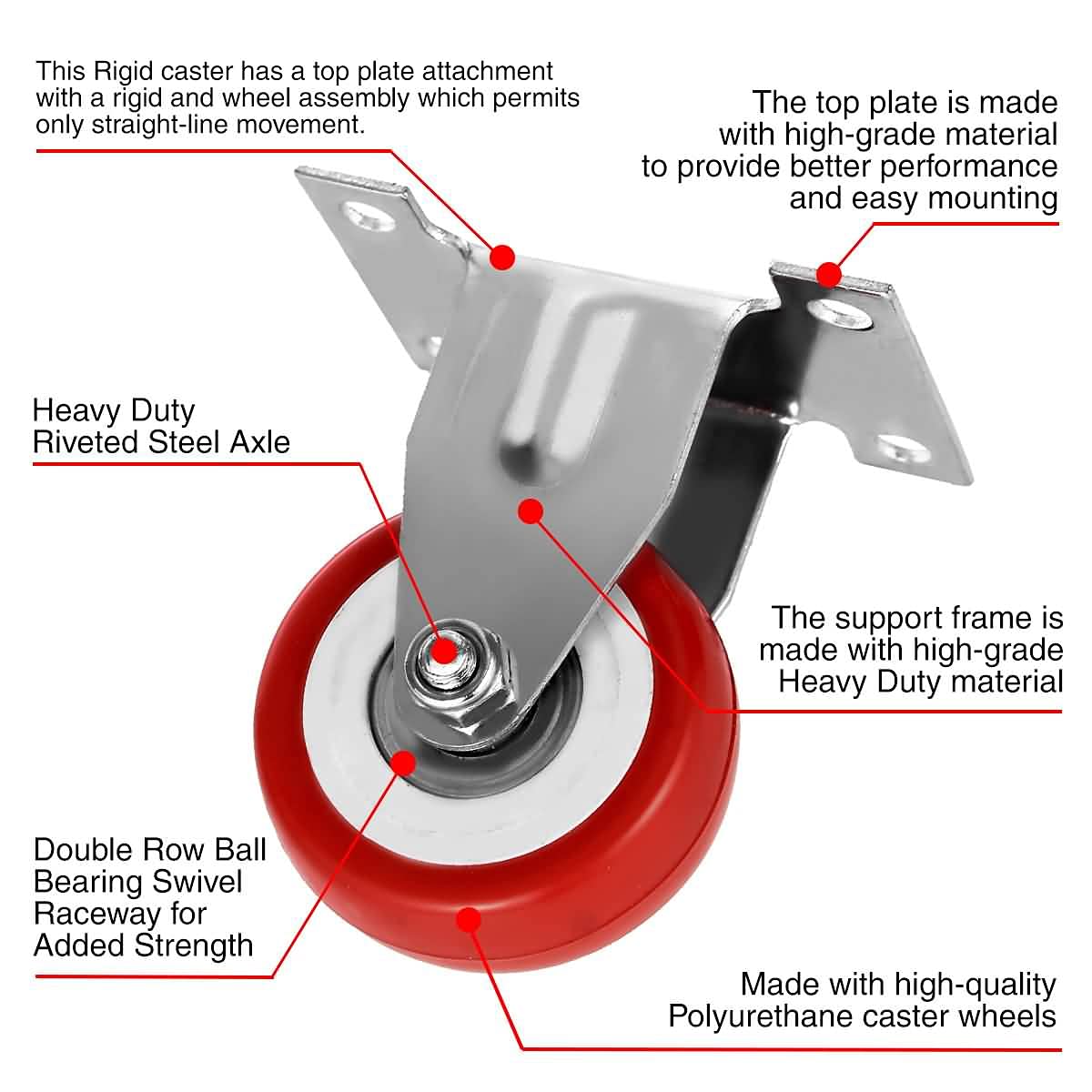 12 Pack 2" Caster Wheels On Red Polyurethane Wheels Top Plate Non Swivel Rigid Fixed Stationery