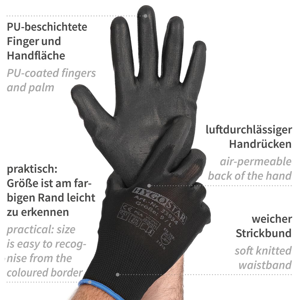 FRANZ MENSCH Hygostar Black Ace rękawiczki z cienkiej dzianiny, czarne, rozmiar 6/XS | powłoka PU, 120 par, rękawice robocze, rękawice montażowe