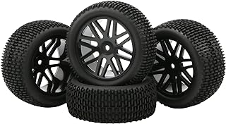 RC Tires & Wheels Set (4PCS) - 1/10 Scale 12mm Hex, Compatible with Traxxas Rustler Stampede Slash Bandit, Off-Road Buggy Tires with Black Rims & Foam Inserts