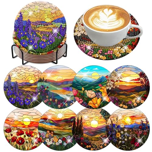 ijbnhd 8 Pack Diamond Art Coasters Kits, Sunset