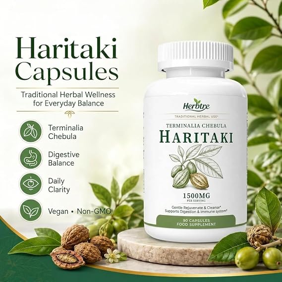Haritaki Capsules 1500mg - Pure Terminalia Chebula Ayurvedic Herbal Supplement for Gut Detox & Digestive, Immune Health Support - 90 Vegan Capsules