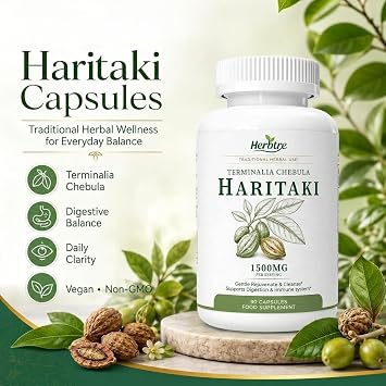 Haritaki Capsules 1500mg - Pure Terminalia Chebula Ayurvedic Herbal Supplement for Gut Detox & Digestive, Immune Health Support - 90 Vegan Capsules