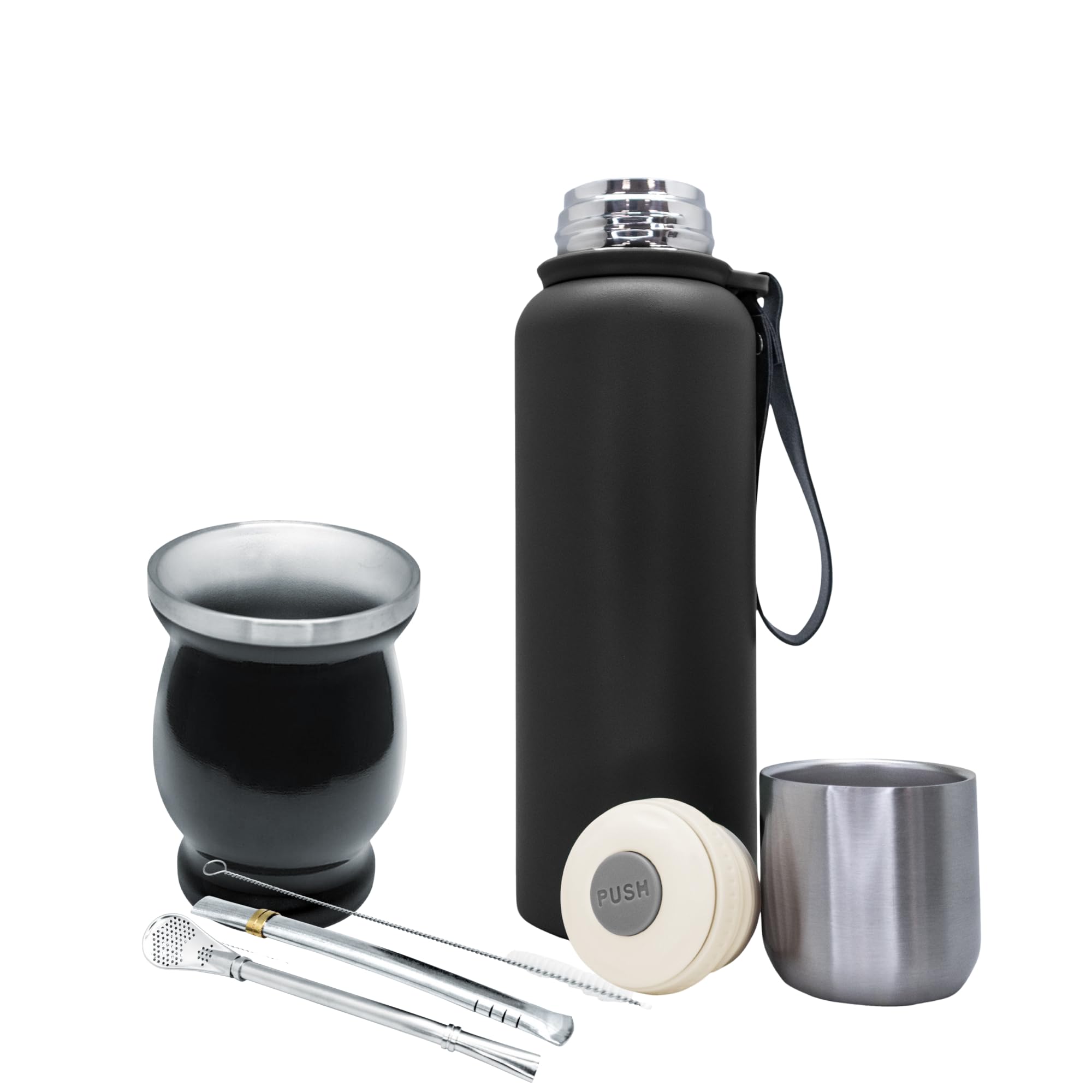 NERTHUS FIH 1595 – Matte Kit with Double Wall Stainless Steel Cup 250 ml + Two Pipes Bulbs for Mate with Cleaning Brush + Stainless Steel Flask 750 ml