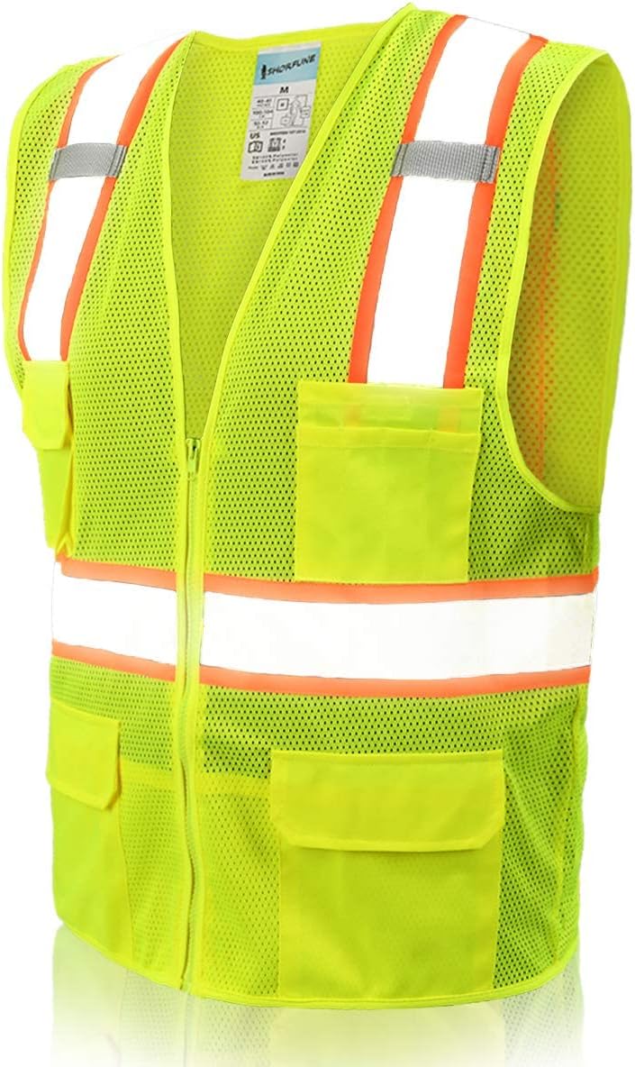 SHORFUNE High Visibility Mesh Safety Vest with Pockets, Mic Tabs, Zipper and Reflective Strips,ANSI/ISEA Standards