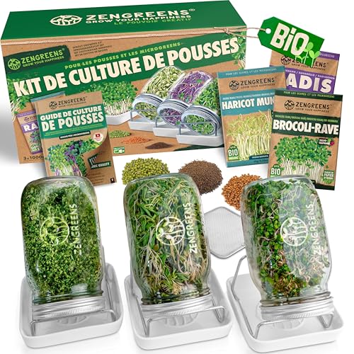 zengreens® Kit de germoir pour graines à germer Bio – Lot de 3 bocaux à pousses – Comprend Bocal à germes, Plateau de Germination et semences – Contient Guide et vidéo-Cours de Culture