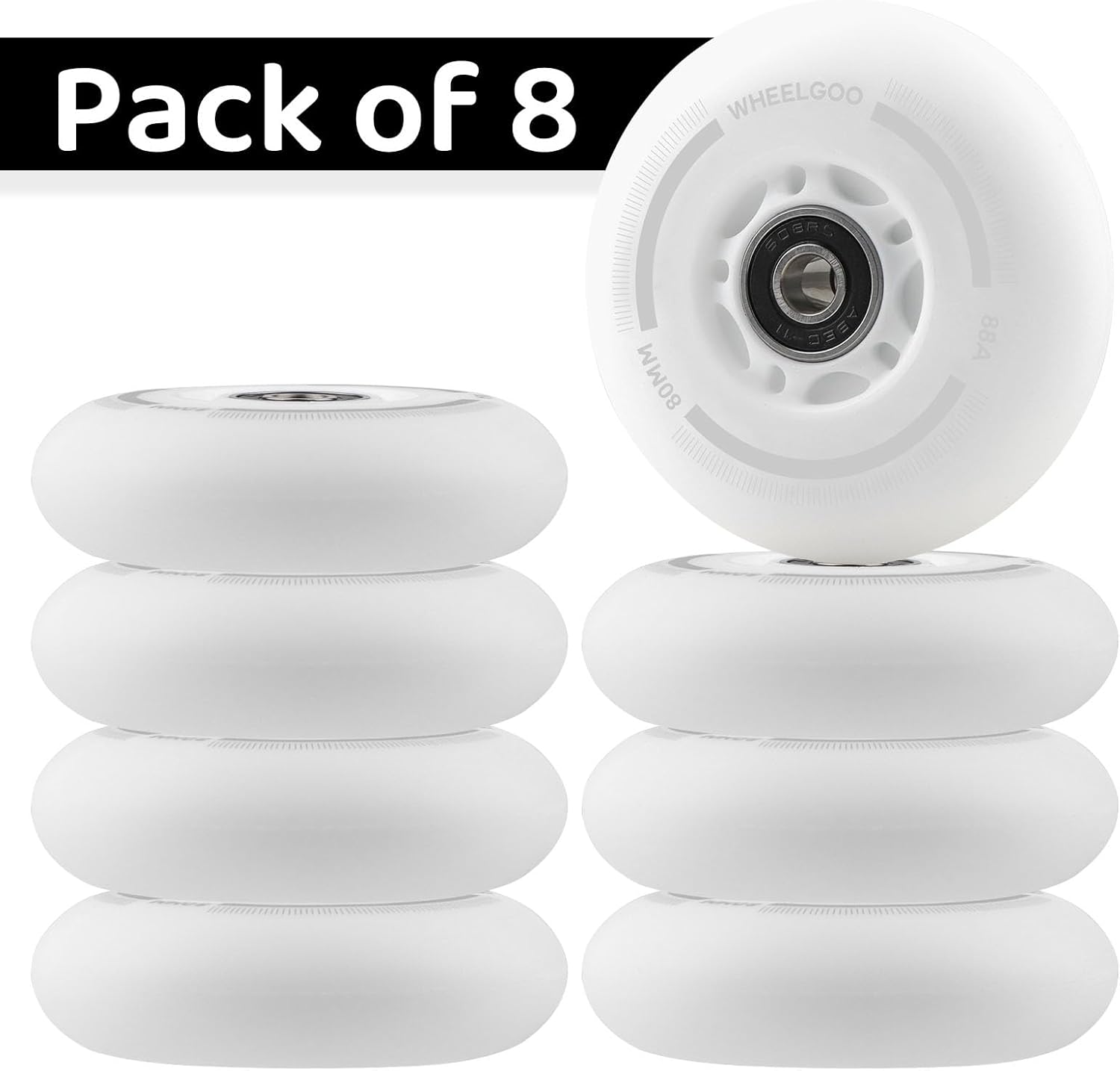 8-Pack LED Light Up Inline Skate Wheels for Kids & Teens, No Battery, PU Wheels with 608RS Bearings, Evening & Night Skating (White, 80mm)