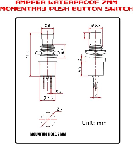Vista 2 de Ampper Mini interruptores momentáneos de botón, 2 pines de encendido y apagado, 1A, 250 V, CA, 0.276 in, redondo, SPST, normal, abierto, momentáneo