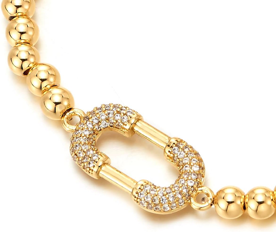 COOLSTEELANDBEYOND Trendy Oval Link Bracelet for Women, Gold Color Beads Link Chain with Charm of Cubic Zirconia, Sparkling