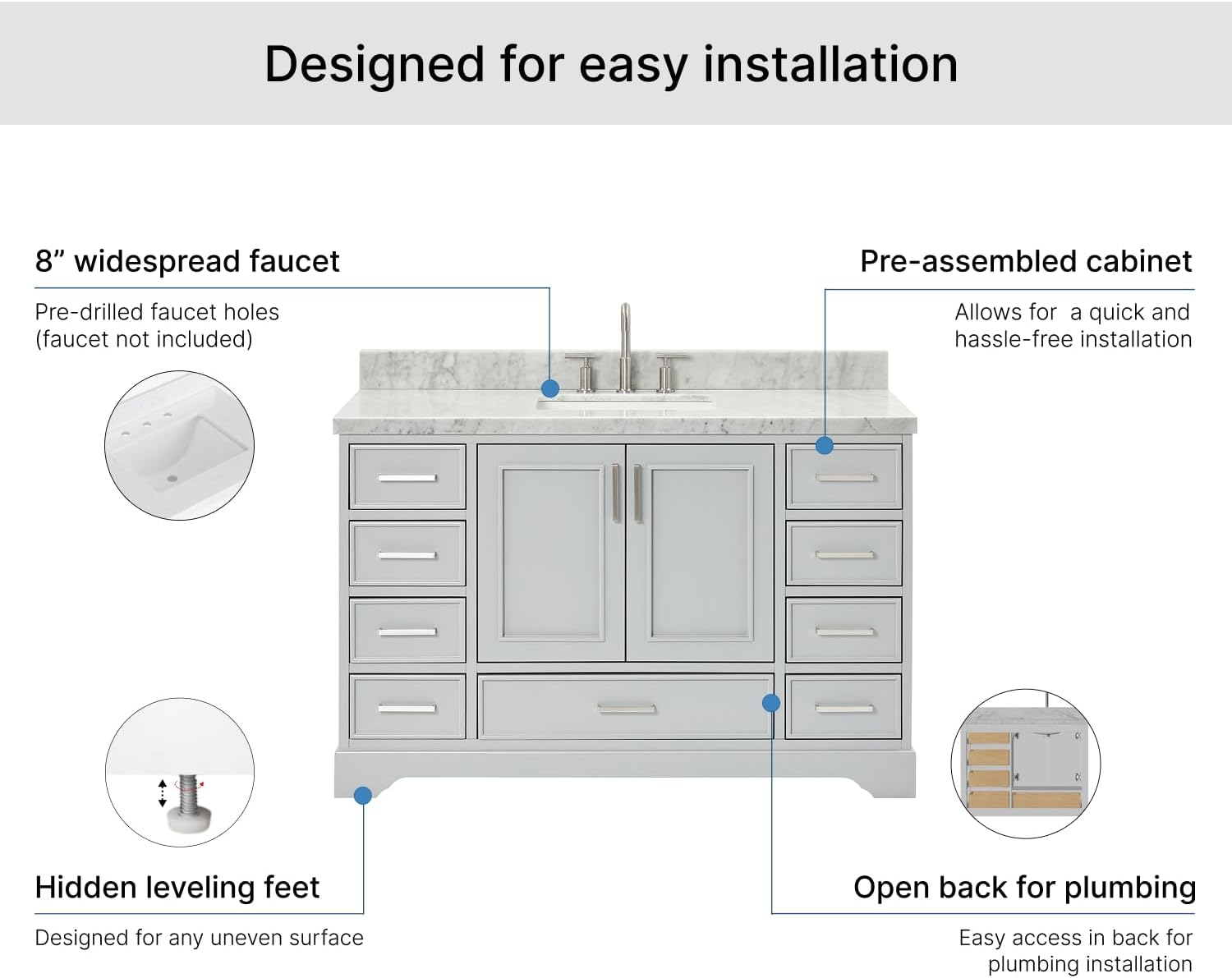ARIEL Stafford 55" Grey Bathroom Vanity, 1.5" Edge Italian Carrara White Marble Countertop & Splash, Single Rectangular Sink, 2 Soft Closing Doors, 9 Full Extension Dovetail Drawers, Brushed Nickel