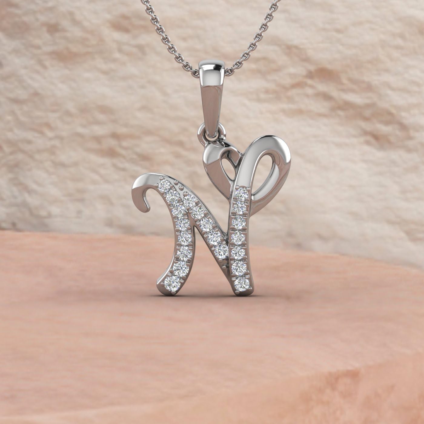 FINEROCK Diamond Initial Letter Pendant Necklace in 14K White Gold (with Silver Chain) - IGI Certified (I1-I2 Clarity)