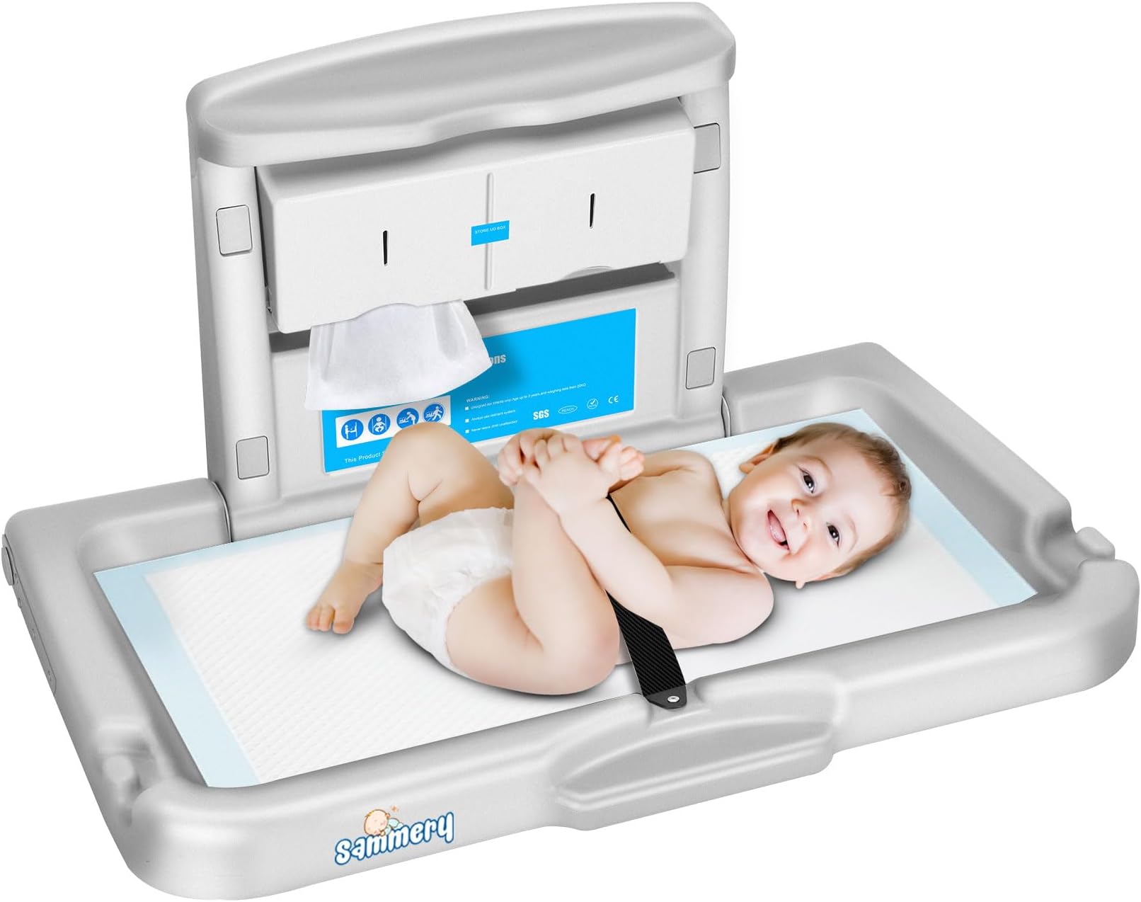 Wall Mount Baby Changing Station in Commercial Bath, Wall Mounted Diaper Changing Table with Seat Belt, Foldable Baby Changing Diaper Station,Diaper Changing Wall for Household and Commercial Bath