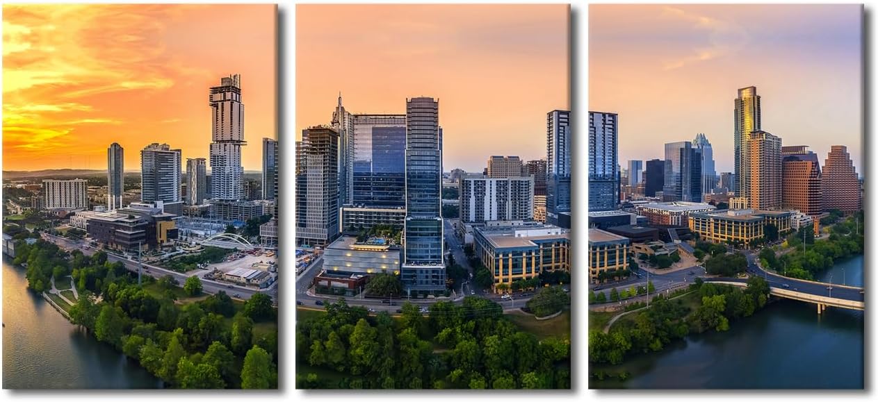 Canvas Wall Art Austin City Skyline Picture for Living Room Multi Panel Cityscape Skyscraper Prints Artwork Painting House Decor Framed Gallery-Wrapped Ready to Hang Posters, 48" Wx24 H
