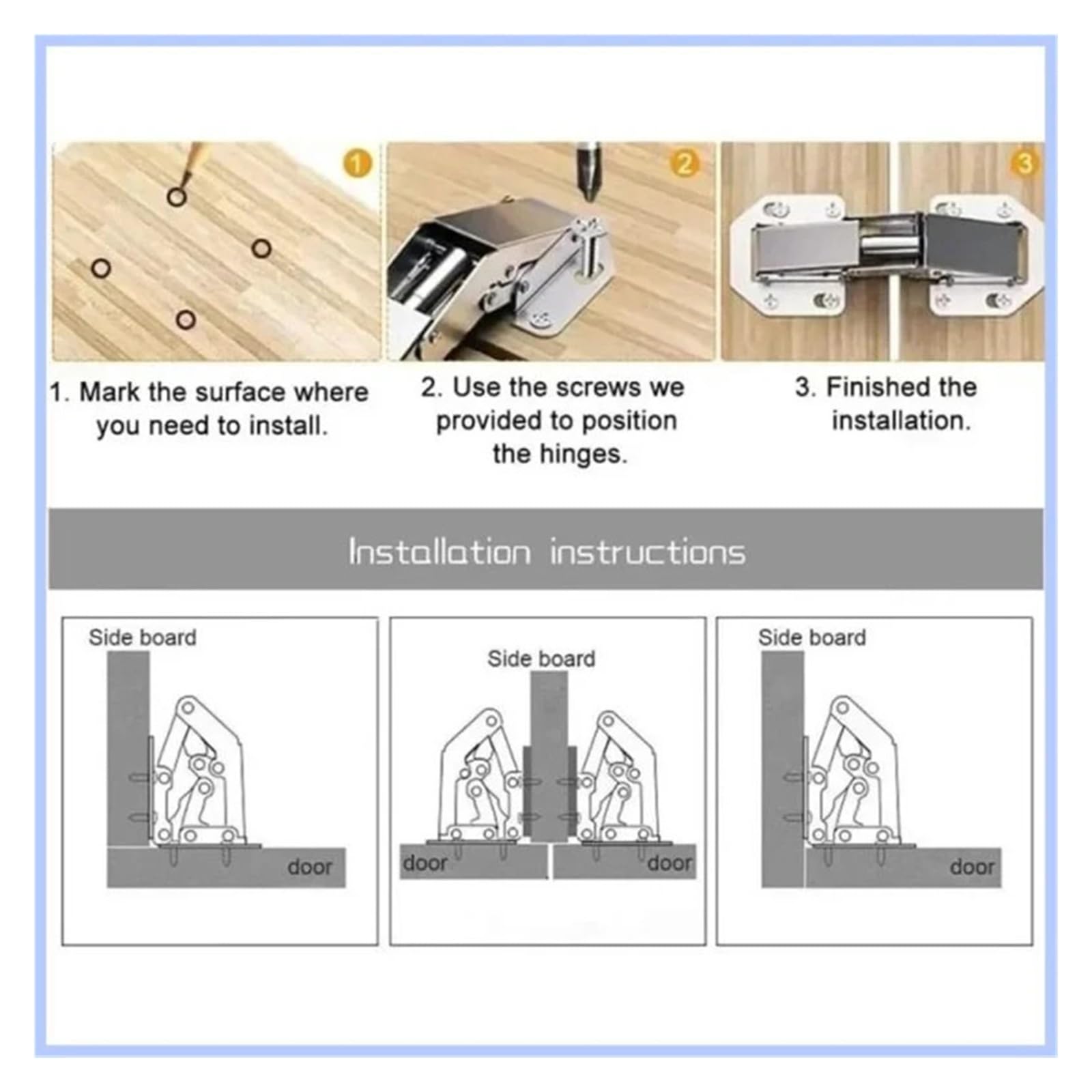 10/2 Stück 90-Grad-Stahl-Schrankscharniere, kein Bohren von Löchern, hydraulische Pufferscharniere, Küchenschrank-Möbel-Hardware(10PCS)