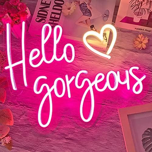 Hello Gorgeous Neon Sign for Bedroom, Wall Decor, Neon Light with Dimmer Switch for Home, Room, Birthday, Art, Bar, Neon Light Sign for Party, Women's Day Gifts, 16.7 x 12.9inch
