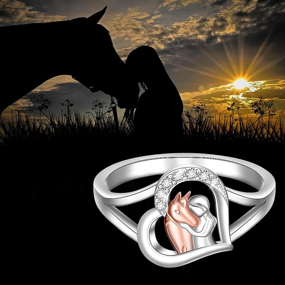 Fenthring Horse Ring for Women Sterling Silver Cute Animal Heart Horse Rings Jewelry Charms Friendship Wedding Christmas Valentines Mothers Day Gifts
