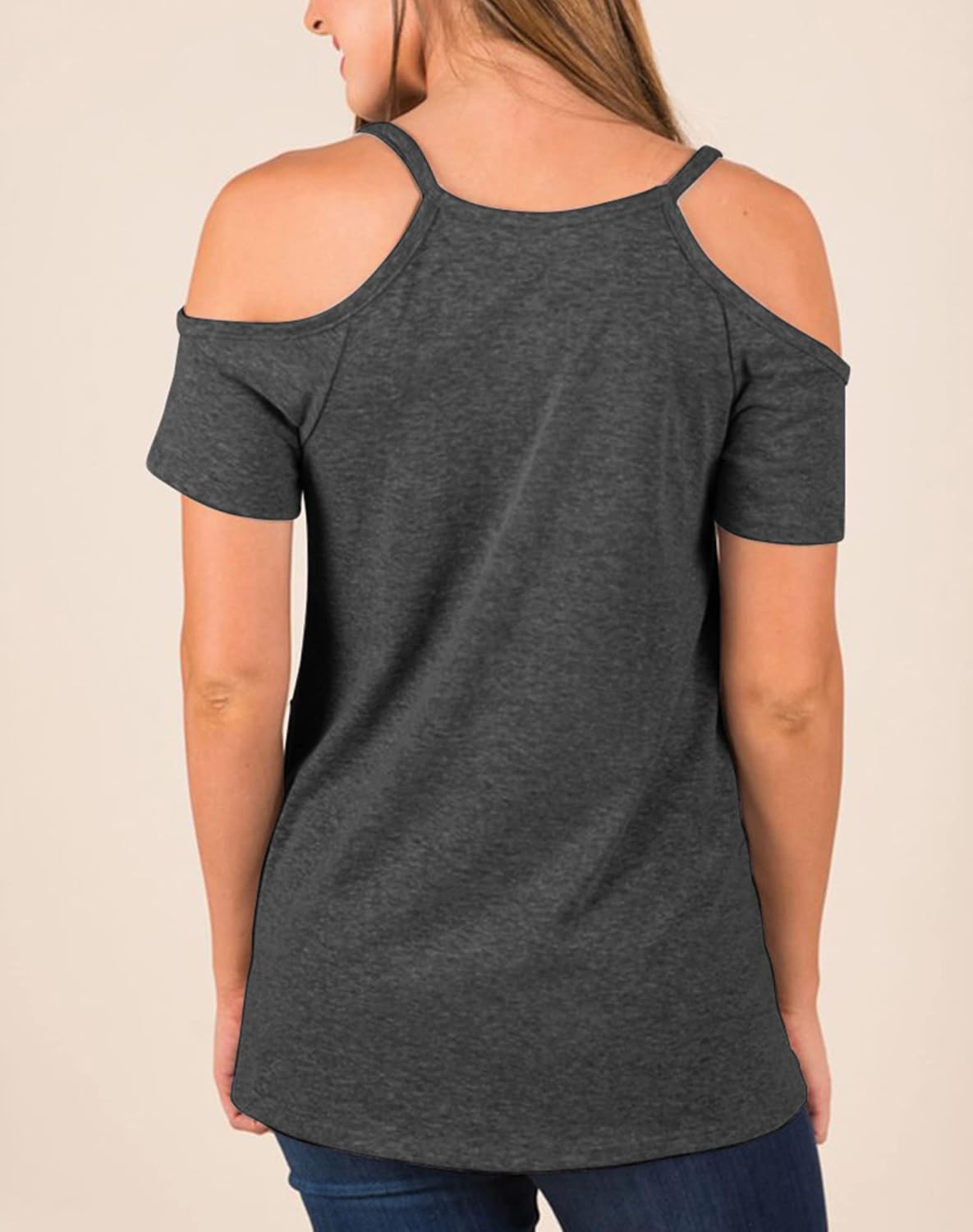 Minclouse Women's Summer Short Sleeves Tops Cold Shoulder V Neck Shirts Casual Strappy Tees - Image 2