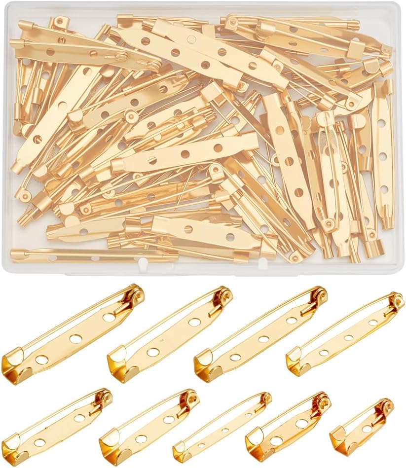 PH PandaHall 90pcs Brooch Pin Backs 9 Sizes Golden Bar Pins Badge Pinback Brooch Backings Jewelry Locking Pins Secure Back Clasp with Hole for Jewelry Making Crafts Name Tags Corsage, 15.5-45.5mm