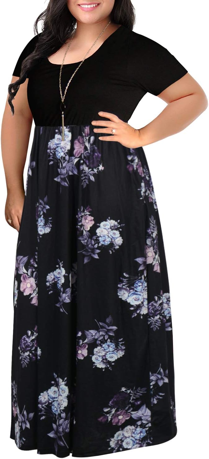 Nemidor Plus Size Maxi Dresses for Curvy Women Casual Short Sleeve Chevron Print Long Dress with Pocket 14-26